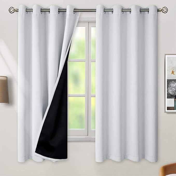 BGment Greyish White 100% Blackout Curtains for Bedroom 63 Inch Length 2 Panels Set, Thermal Insulated Full Light Blocking Grommet Noise Cancelling Window Curtains for Nursery, 52 Inch Wide Each