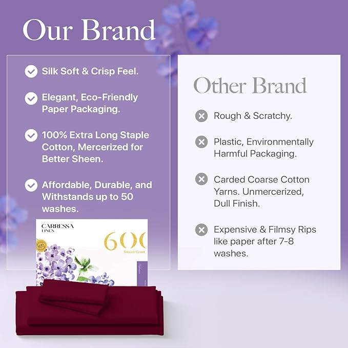 Carressa Linen California King Egyptian Cotton Sheet Sets - 600 Thread Count Cal King Cotton Sheet Set (4 PC, Classic Burgundy), Extra Soft, Cooling, 16" Deep Pocket Sateen Weave Luxury Bed Sheets Set