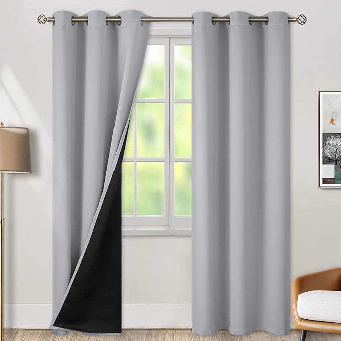 BGment Thermal Insulated 100% Blackout Curtains for Bedroom with Black Liner, Double Layer Full Room Darkening Noise Reducing Grommet Curtain (38 x 84 Inch, Light Grey, 2 Panels)
