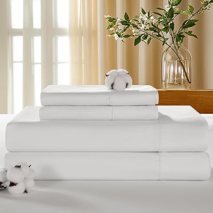LBRO2M 100% Cotton Sheets Set Deep Pocket 19", 1000 Thread Count Queen Size 4 Piece Bed Sheet Sets Soft Comfortable Bedding All Season (Queen, White)