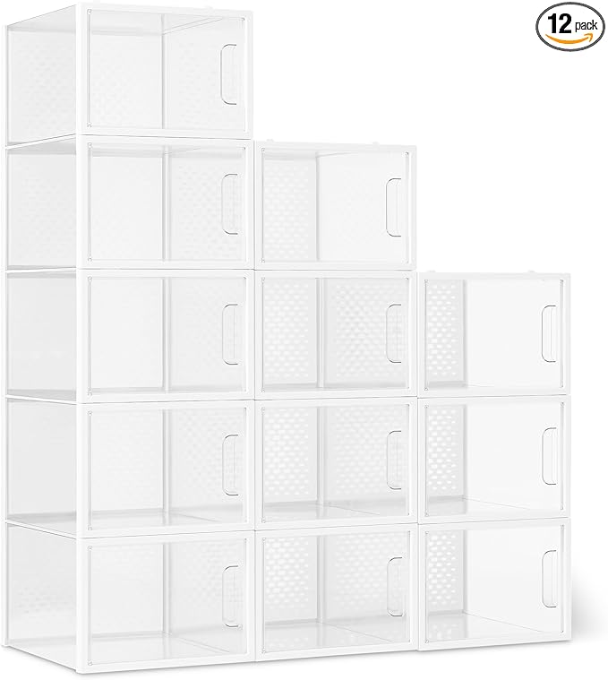 Amazon Basics Stackable and Foldable Clear Shoe Storage Organizer Box, Large, Pack of 12