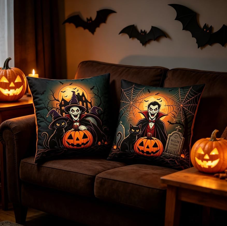 Halloween Throw Pillow Covers, Vampire and Black Cat Spooky Design, 18x18 Inch - Image 2