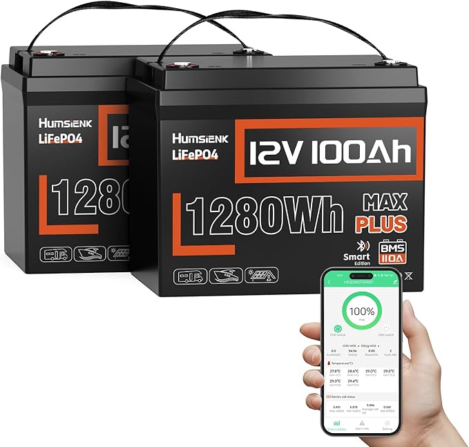 2PACK 12V 100Ah LiFePO4 Lithium Battery MAX Bluetooth 5.0 IP67, 15000+ Deep Cycles Lithium Battery, Built-in 110A BMS for RVs Marine Trolling Motors