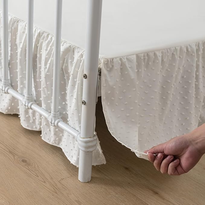 Tufted Dot Bed Skirt Full Size Ruffled Bed Skirt with Split Corners, 16 Inch Drop Dust Ruffle Bed Skirts with Platform, Ivory