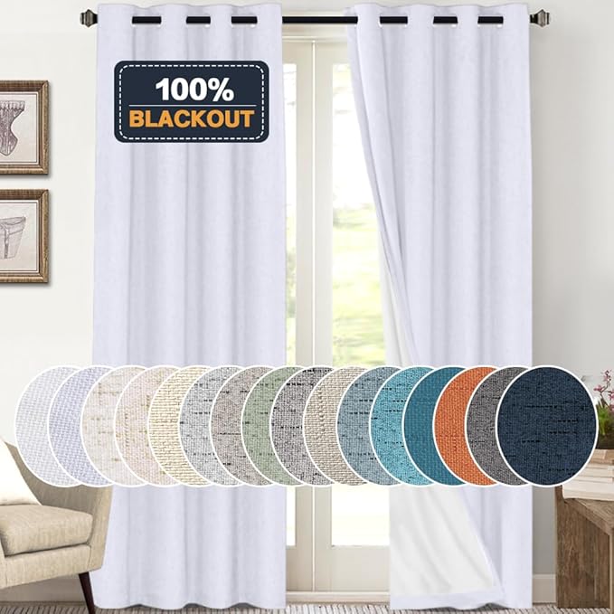 PrinceDeco 100% Blackout Linen Textured Curtains for Bedroom Grommet Room Darkening Curtains & Drapes Luxury Decor for Living Room Solid Thermal Insulated with White Liner,Pearl White，52 x 108 Inch