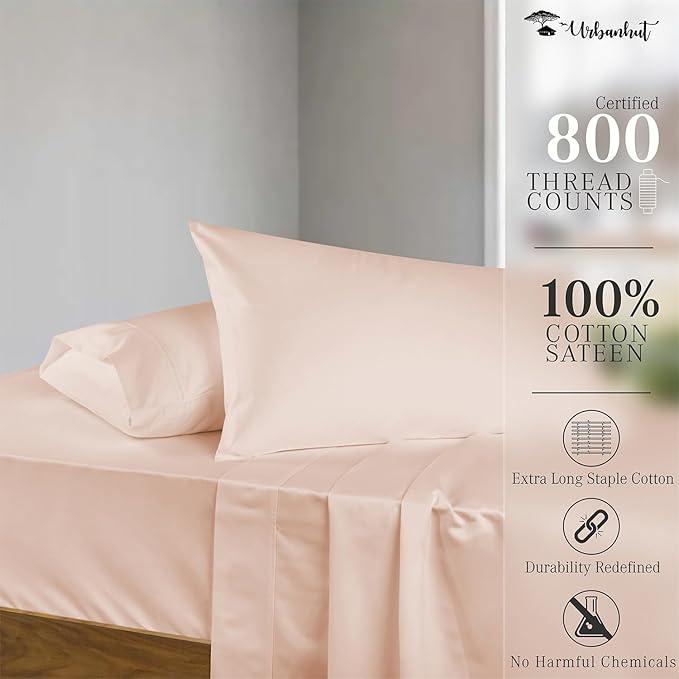 URBANHUT 800 Thread Count 100% Cotton Full Size Sheets, Luxury 4 Piece Full Bedsheets, Hotel Sheets Sateen Finish - Better Than Egyptian, 16" Elasticized Deep Pocket - Blush Pink