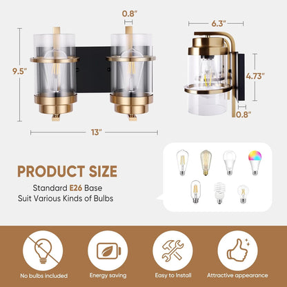 Bathroom Vanity Light Fixtures, Black Gold Vanity Lights for Bathroom 2 Lights,Gold Brushed Wall Sconce(Bulbs not Included)