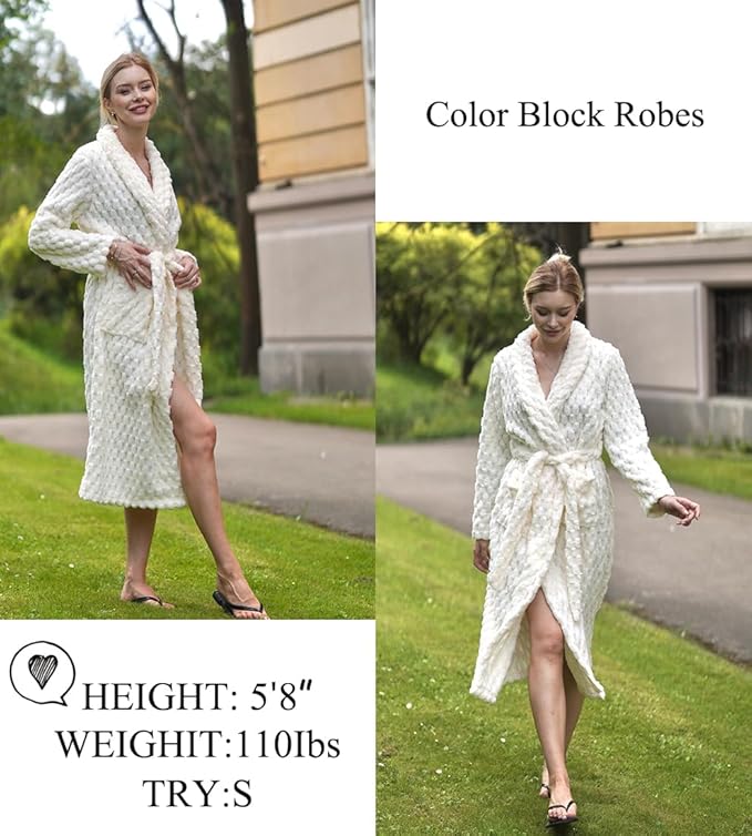 Ekouaer Women's Robe Long Plush Soft Bathrobe Jacquard Color Block Robes Shawl Collar Sleepwear with Pockets S-XXL