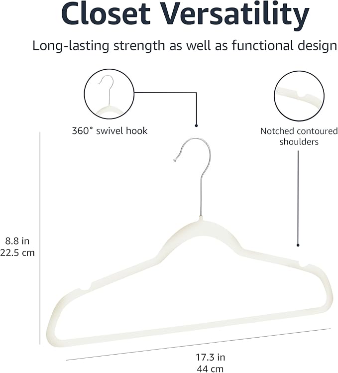 Amazon Basics Slim, Velvet, Non-Slip, Space-Saving Suit Clothes Hangers, Pack of 100, Ivory/Beige