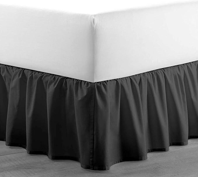 Dark Grey Solid Ruffled Bed Skirt Short Queen-12 Inch Drop Split Corner, Microfiber Bedskirt with Platform Three Sided Coverage
