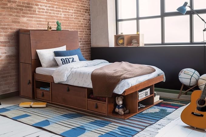 memomad Bali Set: Storage Platform Bed with Drawers + Bookcase Headboard (Twin Size, Caramel Brown Wood)