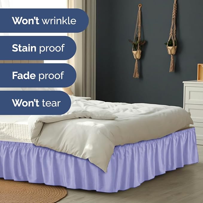 Wrap Around Dust Ruffle Bed Skirt - Lavender - for Queen Size Beds with 21 Inch Drop - Elastic Strap - Adjustable Pleated Bedskirt with Brushed Fabric and Wrinkle Free - for Women, Men, Kids & Teens