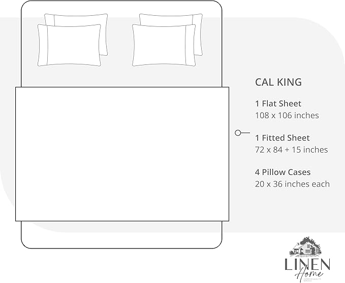 Linen Home 100% Cotton Percale Sheet Set, Cal King Size, White, Deep Pocket, 6 Pieces Set - 1 Flat, 1 Deep Pocket Fitted Sheet and 4 Pillowcases, Crisp Cool and Strong Bed Linen