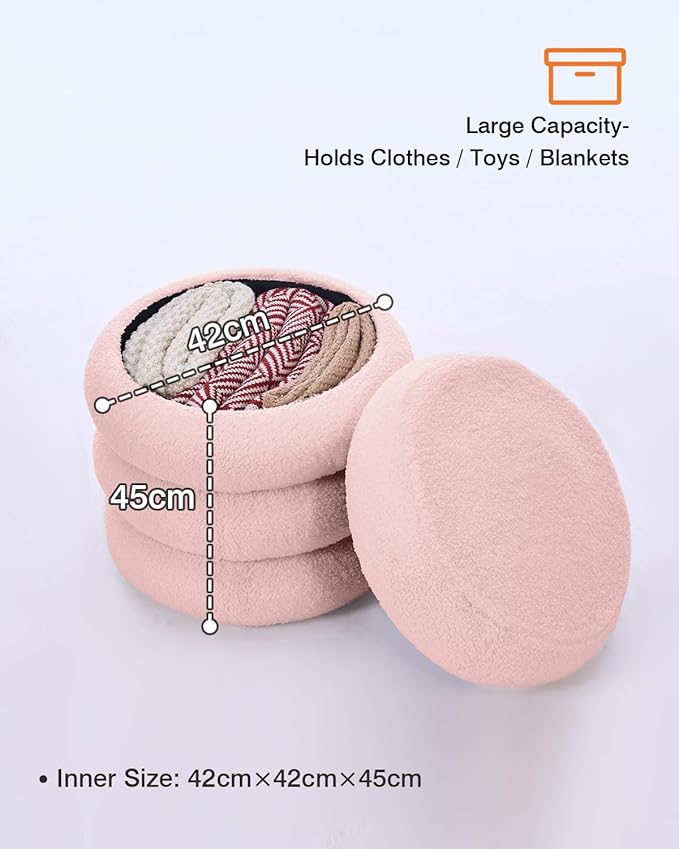 Round Set of 2 Sherpa Storage Ottoman Stool Boucle Vanity Stool Footstool with Removeable lid Load up to 440 lbs for Livingroom Bedroom Pink UASND68P