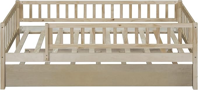 Bellemave Twin Bed Frames with Rails for Kids, Twin daybed Frame with Trundle for Boys/Girls/Adults， Natural