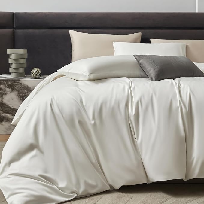 PURE ERA Duvet Cover Set 800 Thread Count Long Staple Cotton Sateen Silky Soft Luxurious Smooth 3 Piece Set Solid White Queen