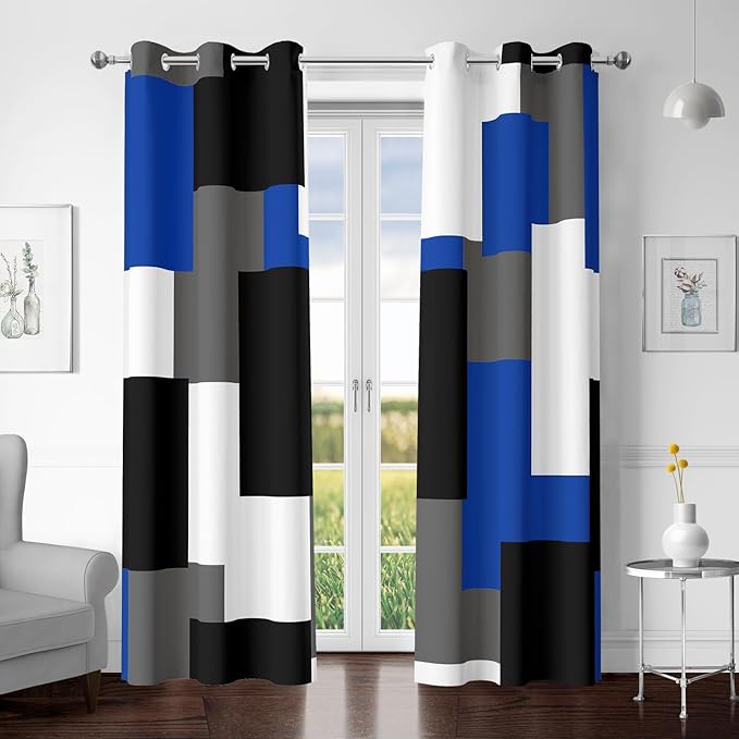 Blue Gray 100% Blackout Curtains for Bedroom 72 inch Length 2 Panels Set White Grey Modern Abstract Geometric Black Out Curtains Insulated Room Darkening Window Drapes for Living Room, 42Wx72L