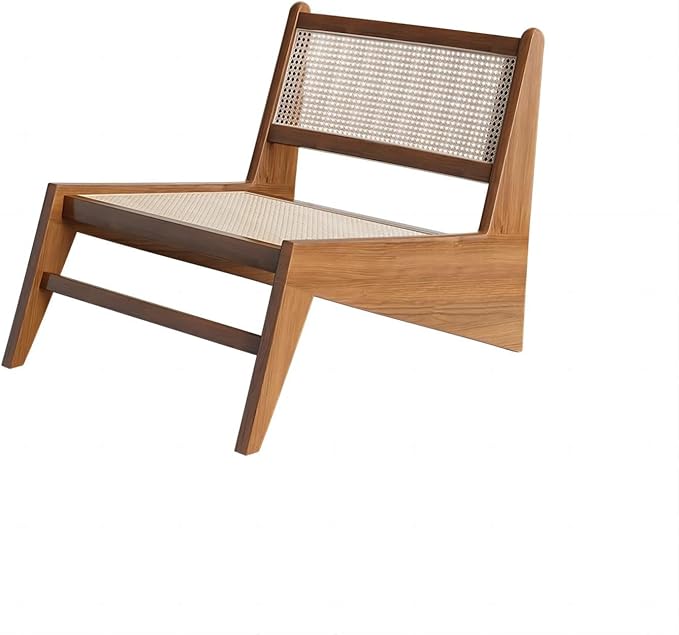 homary Mid Century Modern Chair Japandi Walnut Rattan and Wood Lounge Chairs Armless Accent Chair for Living Room Bedroom Balcony & Patio