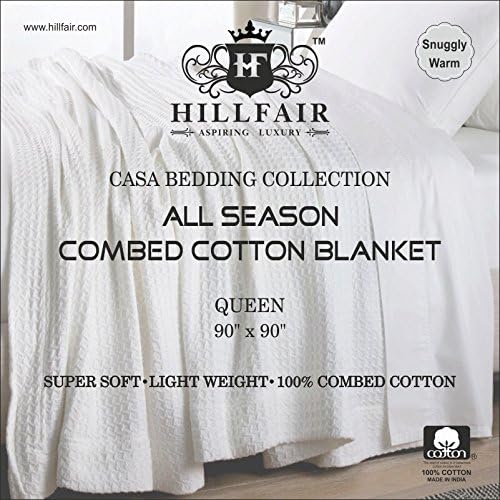 HILLFAIR 100% Combed Cotton Blanket– Queen Bed Blanket– Soft Cozy Warm Multipurpose Throws for Luxury Home Decor– 90 x 90 inch Queen Size Cotton Blankets for Beds- Bed Blankets for All Season- White