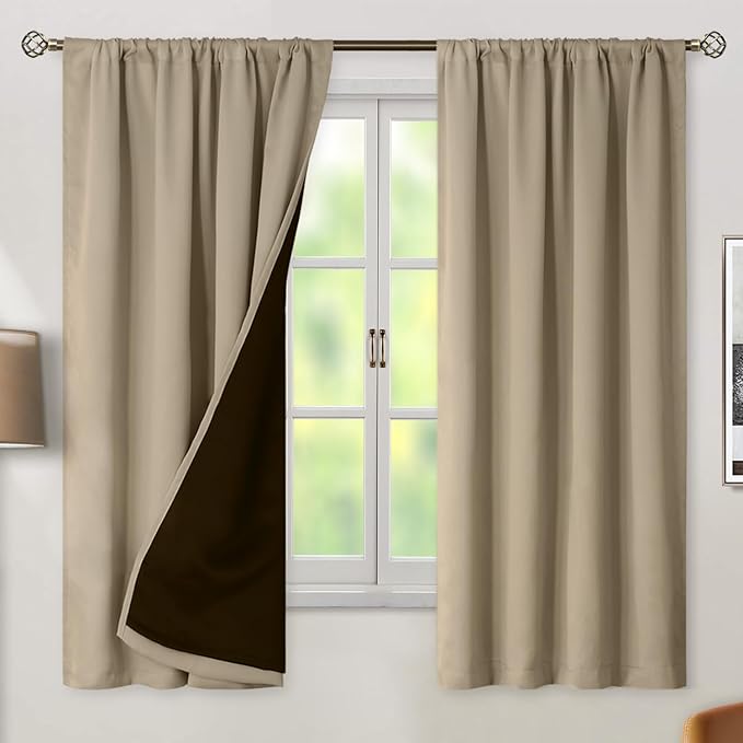 BGment 100% Blackout Curtains for Bedroom 63 Inch Length 2 Panels, Thermal Insulated Room Darkening Curtains Rod Pocket Soundproof Bedroom Living Room Window Curtains, Sand, Each 42 Inch Wide