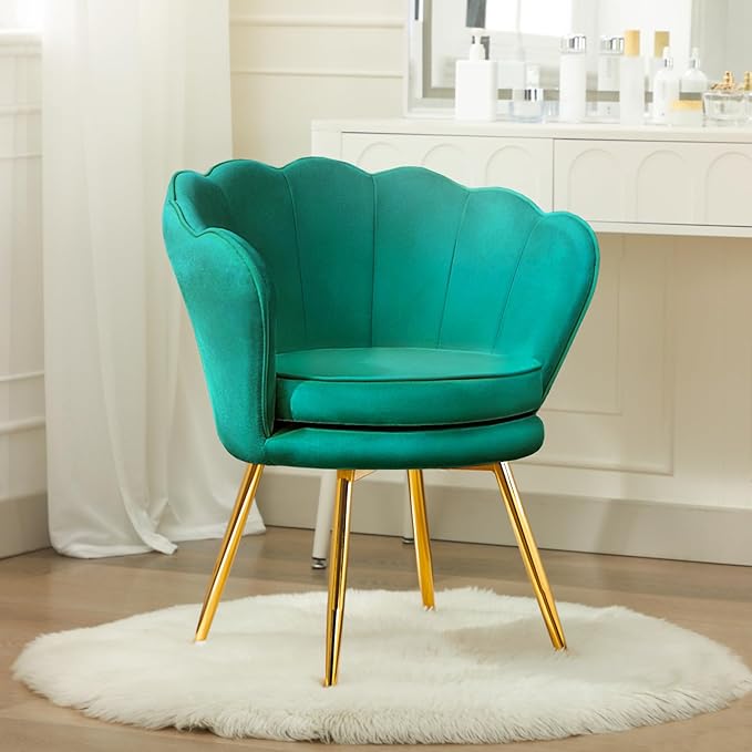 Accent Chairs Set of 2, Velvet Vanity Chair with Back, Mid-Century Modern Small Accent Chair for Living Room, Golden Metal Legs Upholstered Makeup Chair, Bedroom Armchair, Emerald Green
