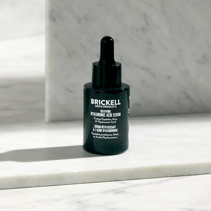 Brickell Men's Anti Aging Hyaluronic Acid Serum for Face, Reviving Day Serum for Men, Natural and Organic with Protein Peptides to Restore Firmness and Collagen, 1 Ounce, Scented