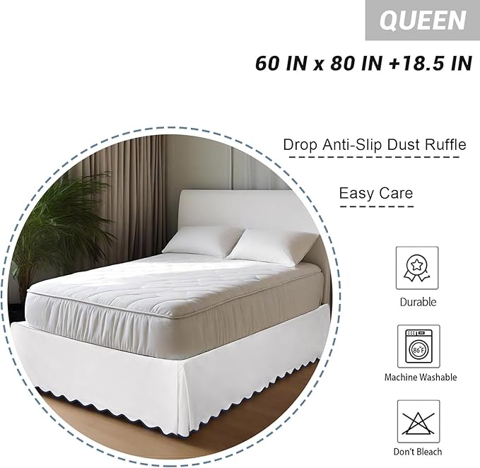 HIG Queen Bed Skirt - Easy Fit Scallop Edge Pleated Bedskirts With Spilt Coner, 18 Inch Drop Anti-Slip Dust Ruffle, Thick Fabric for Enhanced Privacy, Pre-Washed for Long-Lasting Use, Machine Washable