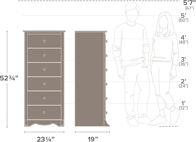 Prepac Sonoma 6 Drawer Dresser for Bedroom, Tall Chest of Drawers, Bedroom Furniture, Clothes Storage and Organizer, 19" D x 23.25" W x 52.75" H, Black