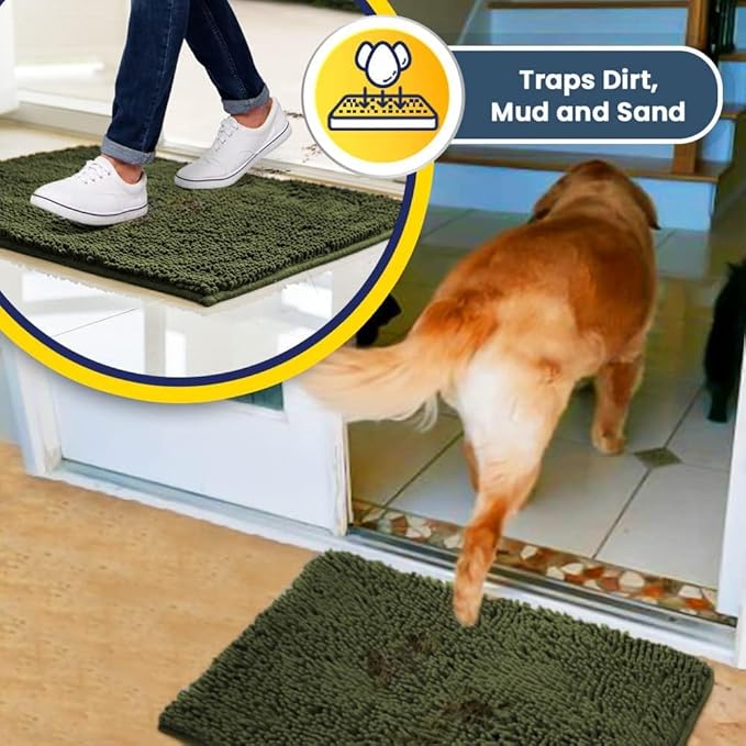 Muddy Mat® | Super Absorbent Door Mat Indoor, Microfiber Quick Dry Chenille Entryway Rug, Non-Slip Front Door Mat, Indoor Mats for Entryway, Machine Washable Pet Rug, Army Green 48"x72"