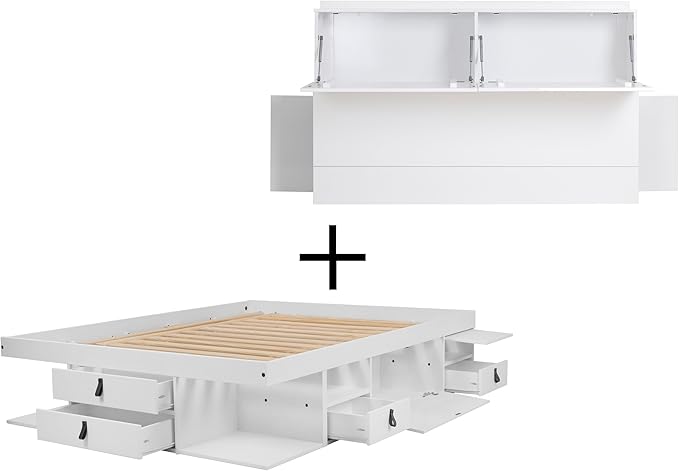 memomad Bali Set: Storage Platform Bed with Drawers + Bookcase Headboard (Queen Size, White Wood)
