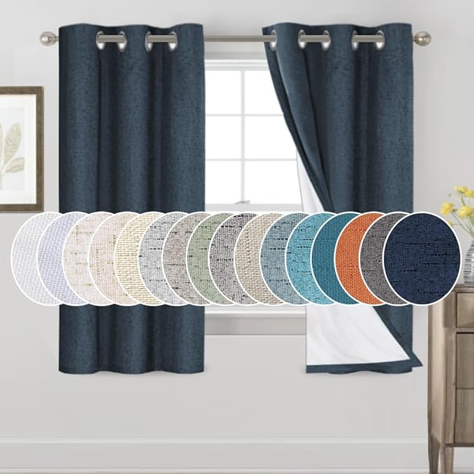 PrinceDeco Linen Blackout Curtains for Bedroom 64 Inches Long 100% Absolutely Blackout Linen Curtains Linen Blend Window Drapes Privacy Window Treatments for Bedroom/Kids Room,Set of 2, Navy,W42 X L64