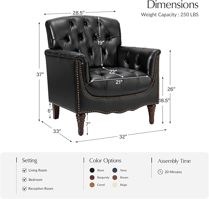 HULALA HOME Mid Century Modern Leather Club Chairs, Top-Grain Genuine Leather Armchairs with Button-Tufted Back & Solid Wood Legs, Accent Chairs for Living Room/Bedroom/Home Office, Black