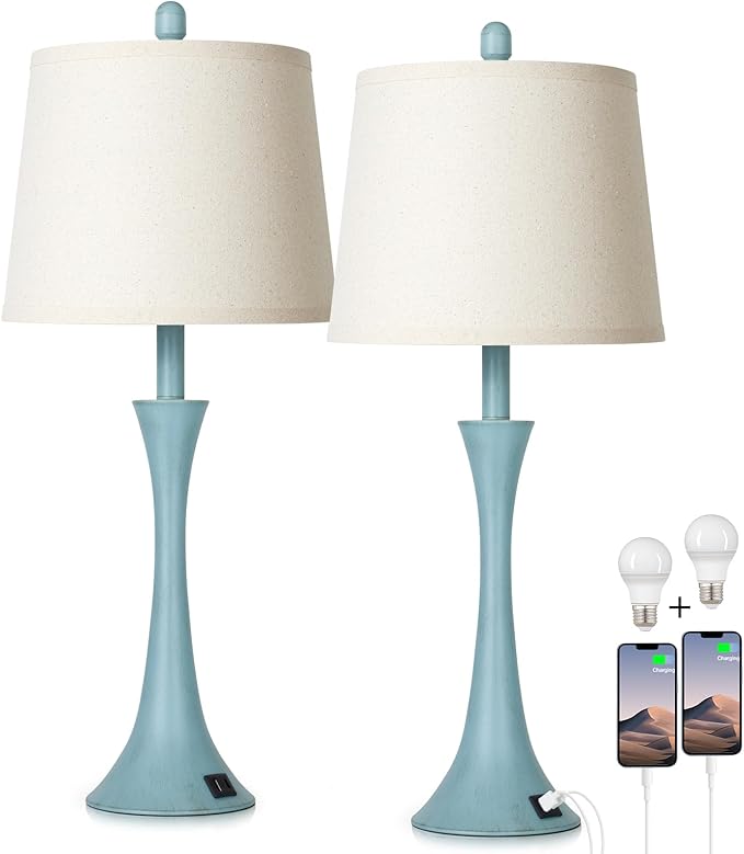 Riweey Blue Metal Table Lamp Set of 2 with USB C+A Ports, Bedside Lamp, Modern Bedroom Lamps, Coastal Lamp for Night Stands Bedroom Living Room,Nightstand Lamp LED Bulbs Included