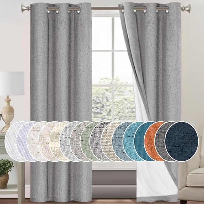PrinceDeco 100% Blackout Curtains 84 inches Long for Bedroom Dining Room Soundproof Window Treatment Drapes with White Liner Noise Reducing Linen 84 Inch Blackout Curtains，Light Grey，42 x 84 Inch