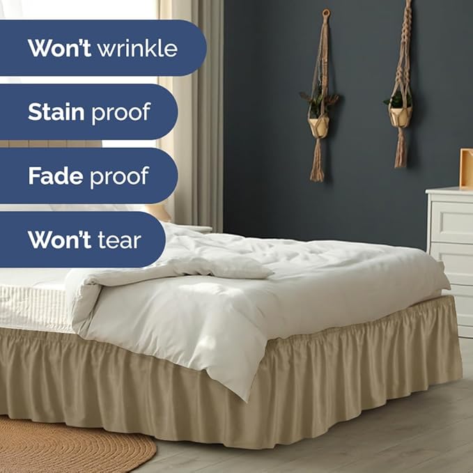 Wrap Around Dust Ruffle Bed Skirt - Khaki - Twin/Twin XL Size Beds w/ 15 Inch Drop - Easy Fit Elastic Strap - Adjustable Pleated Bedskirt w/Brushed Fabric - Wrinkle Free - Women, Men, Kids & Teens
