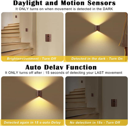 LANDGOO Smart Night Light Step Lights 2 Pack - Rechargeable Motion Sensor Stair Lights, 2700K Warm White LED, Walnut Wood for Hallway & Bedroom Safety
