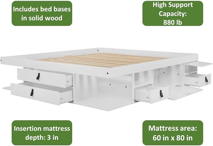 memomad Bali Storage Platform Bed with Drawers (Queen Size, Off White)