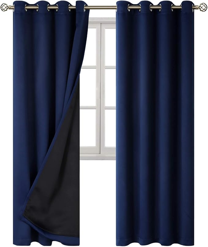BGment Thermal Insulated 100% Blackout Curtains for Bedroom with Black Liner, Double Layer Full Room Darkening Noise Reducing Grommet Curtain (52 x 72 Inch, Navy Blue, 2 Panels)