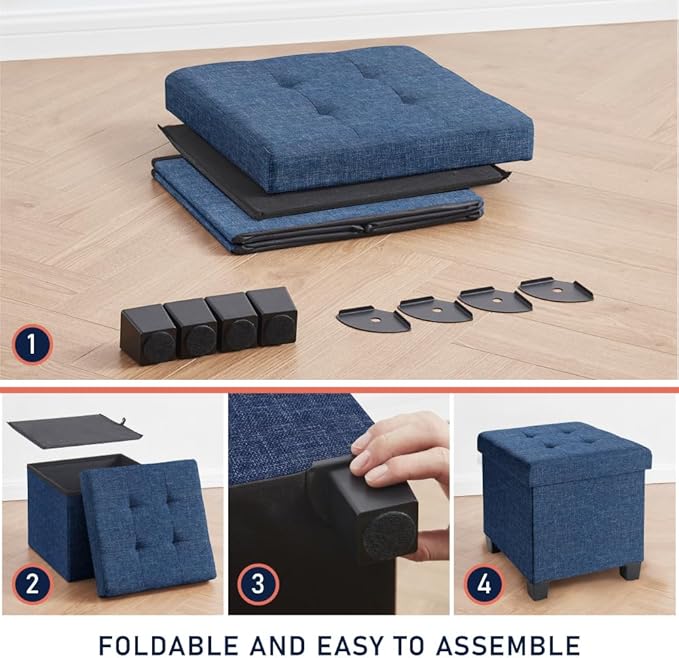 Ornavo Home 15 Inch Folding Storage Ottoman with Storage, Square Cube Linen Small Storage Ottoman Foot Rest Stool with Legs - Navy Blue
