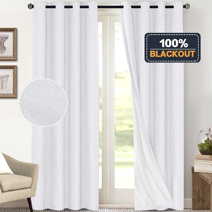 PrinceDeco Blackout Curtains 108 Inches Long 2 Panels Linen Blackout Curtains 100% Black Out Textured Thermal Insulated with White Liner Anti Rust Grommet Top,W52 x L108, Pure White