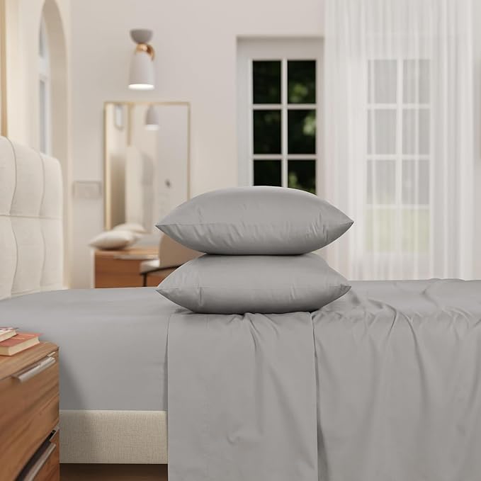 IZOD 100% Egyptian Cotton Sheets Set Queen Size, Cotton Percale Crisp Sheet Set 4Pc, Lightweight & Deep Pocket fits Upto 17", LongStaple Soft Combed,Hotel Style Luxury Bedding Sheet - Sterling Silver
