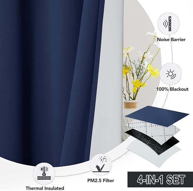 RYB HOME Soundproof & Dust Particle Filtering Curtains Thick Panel Draft Block Window Treatment Totally Room Darkening Drapes for Nursery Daytime Sleeping, Navy Blue, W52 x L95 inch, 2 Panel