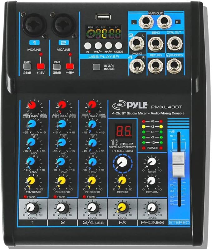 Pyle Professional Audio Mixer Sound Board Console System - Interface 4 Channel Digital USB Bluetooth MP3 Computer Input 48V Phantom Power Stereo DJ Studio Streaming FX 16-Bit DSP processor - PMXU43BT