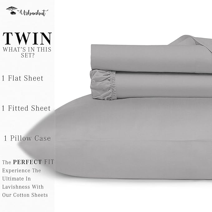 URBANHUT 800 Thread Count 100% Cotton Twin Size Sheets, Luxury 4 Piece Twin Bedsheets, Hotel Sheets Sateen Finish - Better Than Egyptian, 14" Elasticized Deep Pocket - Silver Grey