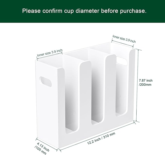 Disposable Coffee Cup Dispenser with Handles, Countertop or Wall Mount Hot/Cold Drink Cup and Lid Holder - Bathroom/Kitchen/Office Acrylic Cup Lid Storage Organizer (3 Compartments, White)