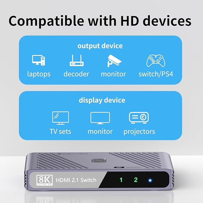Video Selector Boxes， 8K@60Hz Splitter, bi-Directional 8K HD switcher 2 in 1 Out, Support 3D, HDR, Compatible with laptops, PC, Xbox Series, projectors, TV Monitors DSLR Cameras,
