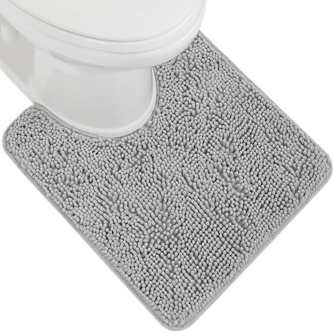 GORILLA GRIP Plush Absorbent Shaggy Chenille Bath Rug Mat for Oval Toilet Base with Rubber Backing, Machine Washable Rugs, Soft Microfiber Contour Mats for Toilets, Bathroom Decor, Lt Gray