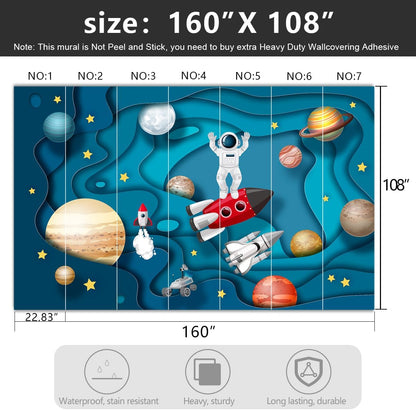 -Kindergarten Children Galactic Planet Fabric Wallpaper Living Room Bedroom Boys Girls Children Cartoon Astronauts Large Mural- 160"x108"（ not Peel and Stick）