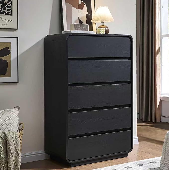 29.5’’ W Dresser for Closet, Black Drawers with Curved Design, Chest Drawer with 5 Drawers, Vertical Drawer with Large Storage, Wooden Dresser for Living Room, Nursery, Entryway