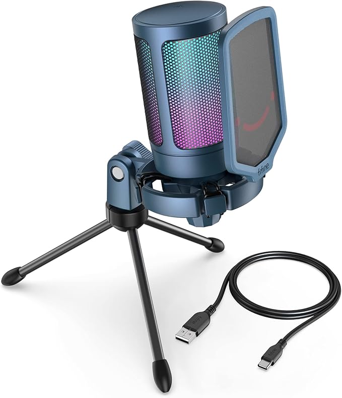 FIFINE Gaming Streaming USB PC Microphone for Mac OS/Windows, AmpliGame Condenser Cardioid Mic with RGB for Video Vocal Recording Twitch Discord, Gamer Computer Mic-Blue